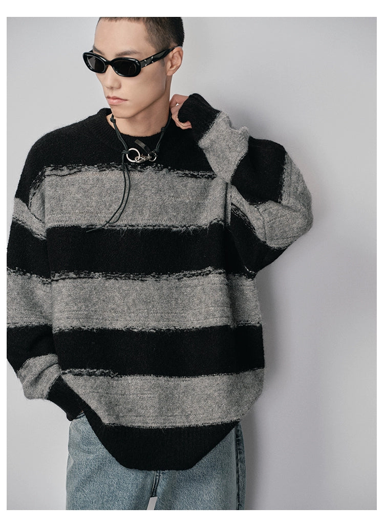 Irregular Wide-Striped Oversized Round Neck Sweater