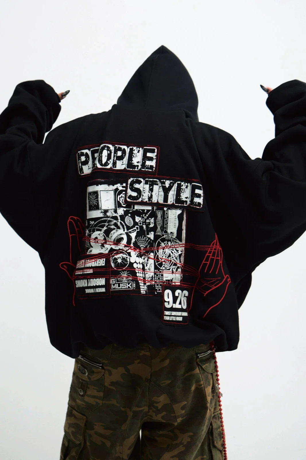 Men's Personality Embroidery Black Hooded Sweatshirt