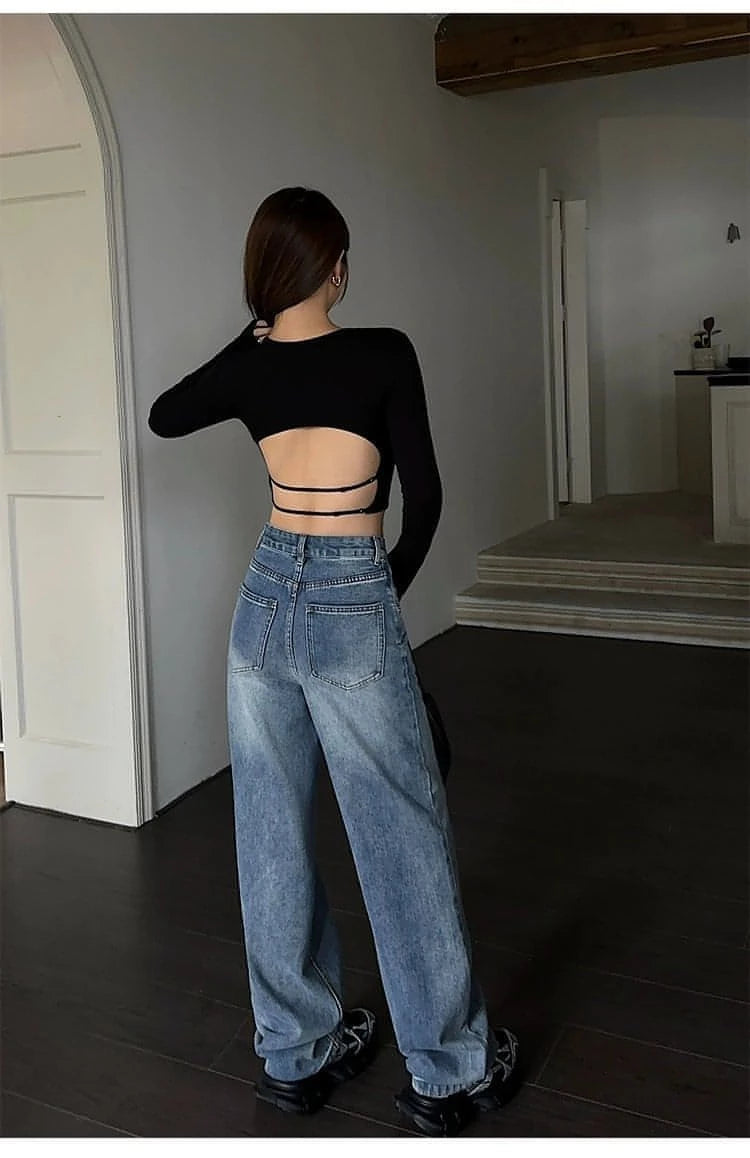 Summer Collection - Blue High-Waist Loose Wide-Leg Denim Jeans - chiclara