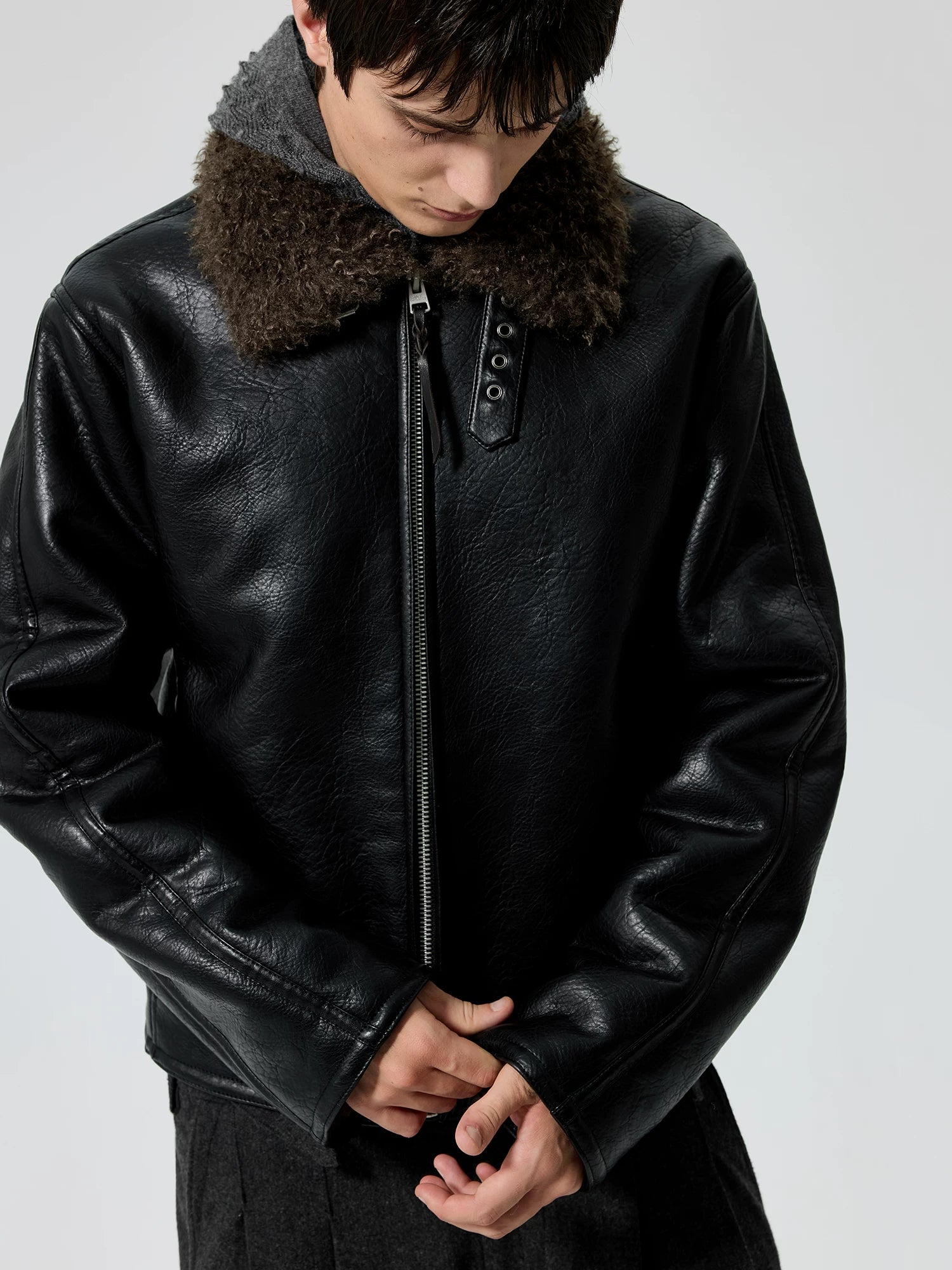 Oversized Faux Leather Jacket with Shearling Collar