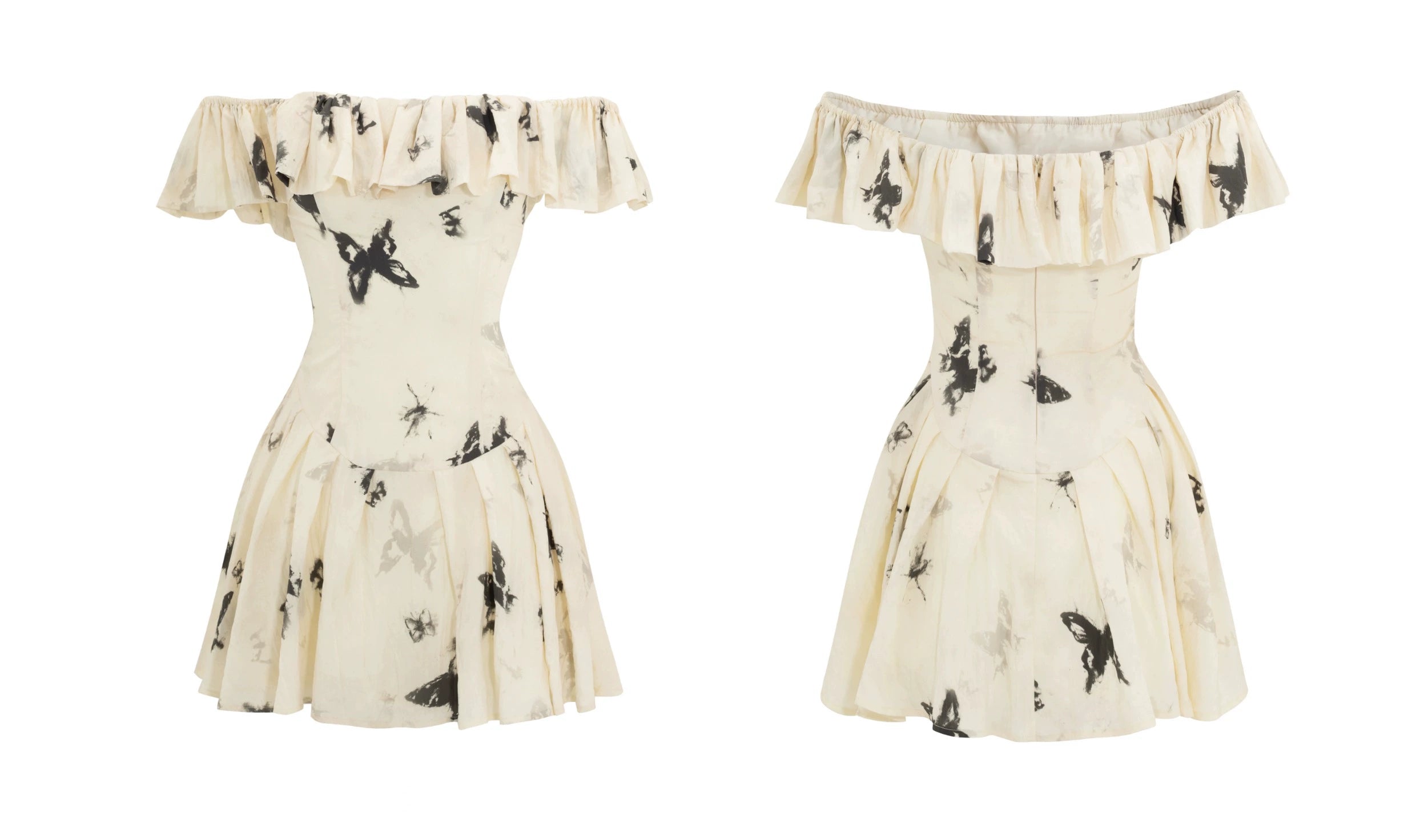 French Ink Butterfly Print Off-Shoulder Dress - chiclara