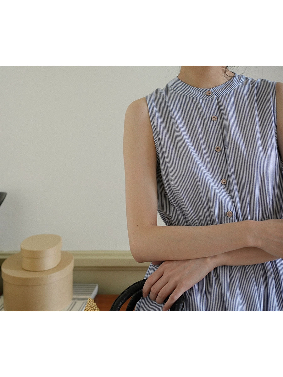 Sleeveless Blue Button-Down Midi Dress