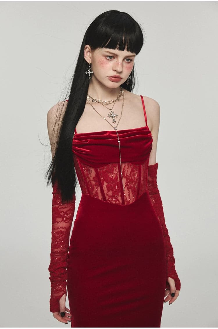 1Jinn Velvet Dress With Fishbone Straps - chiclara