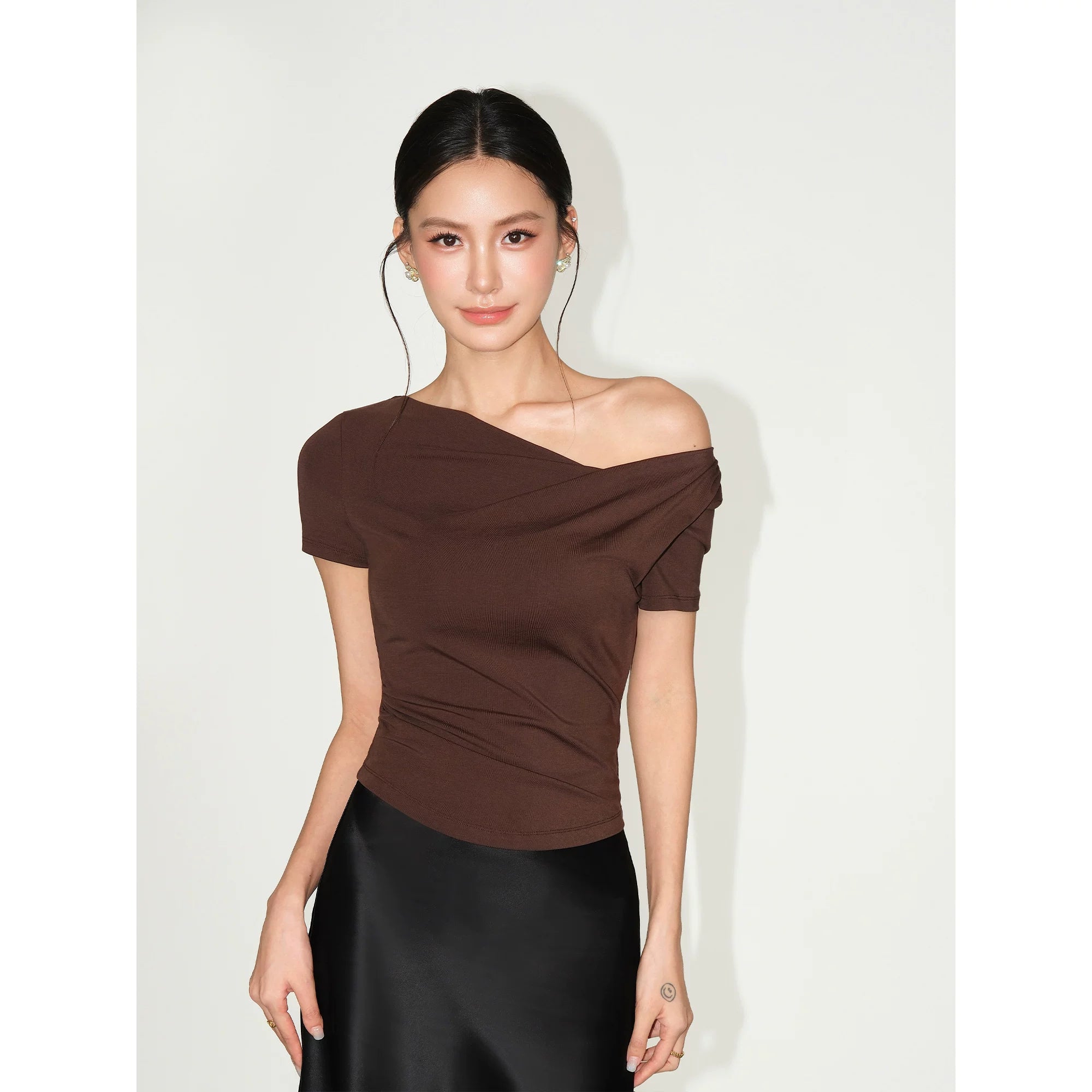 Asymmetric Off Shoulder Ruched Top