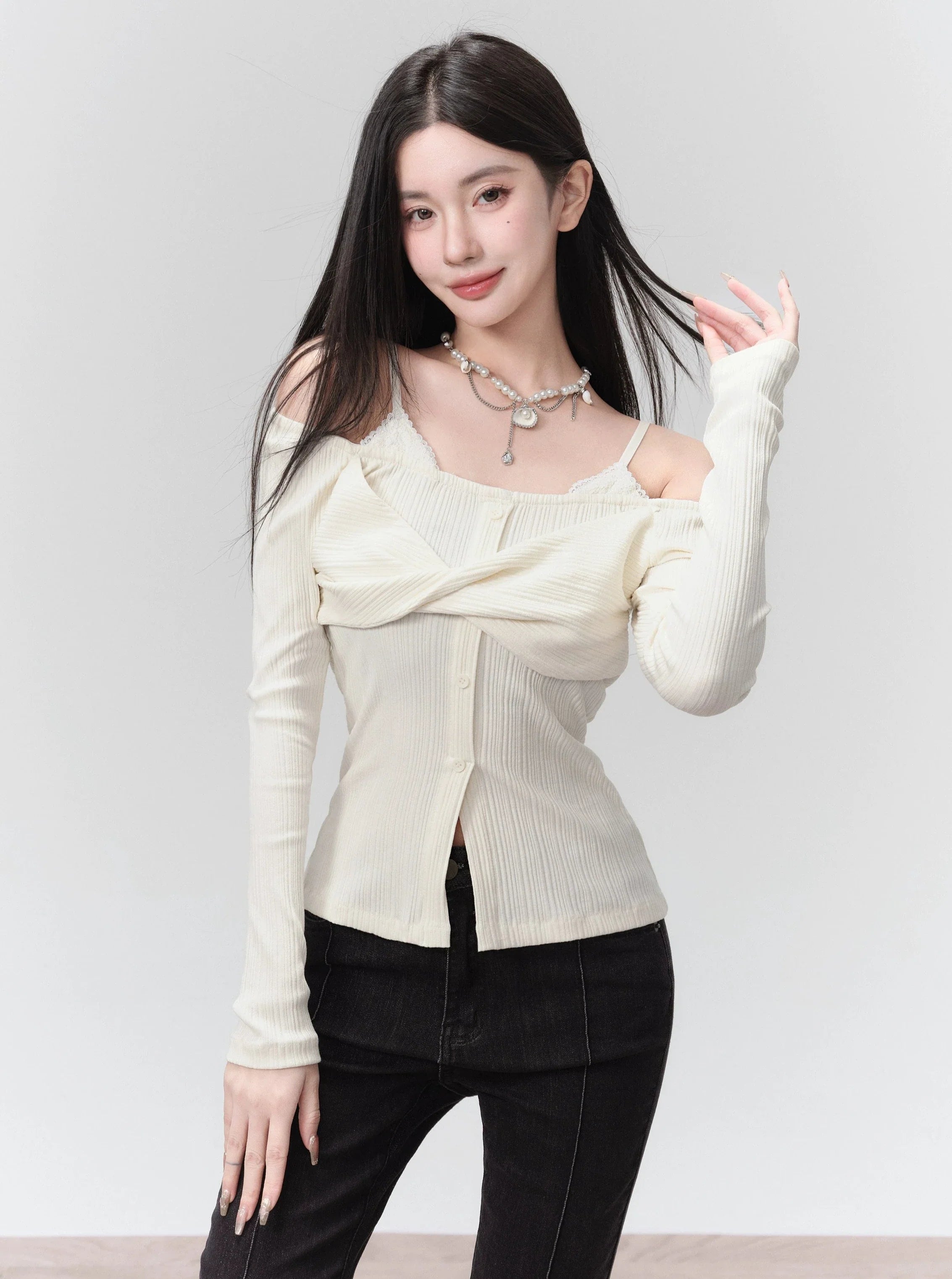 Elegant White Off-Shoulder Twisted Front Long Sleeve Top