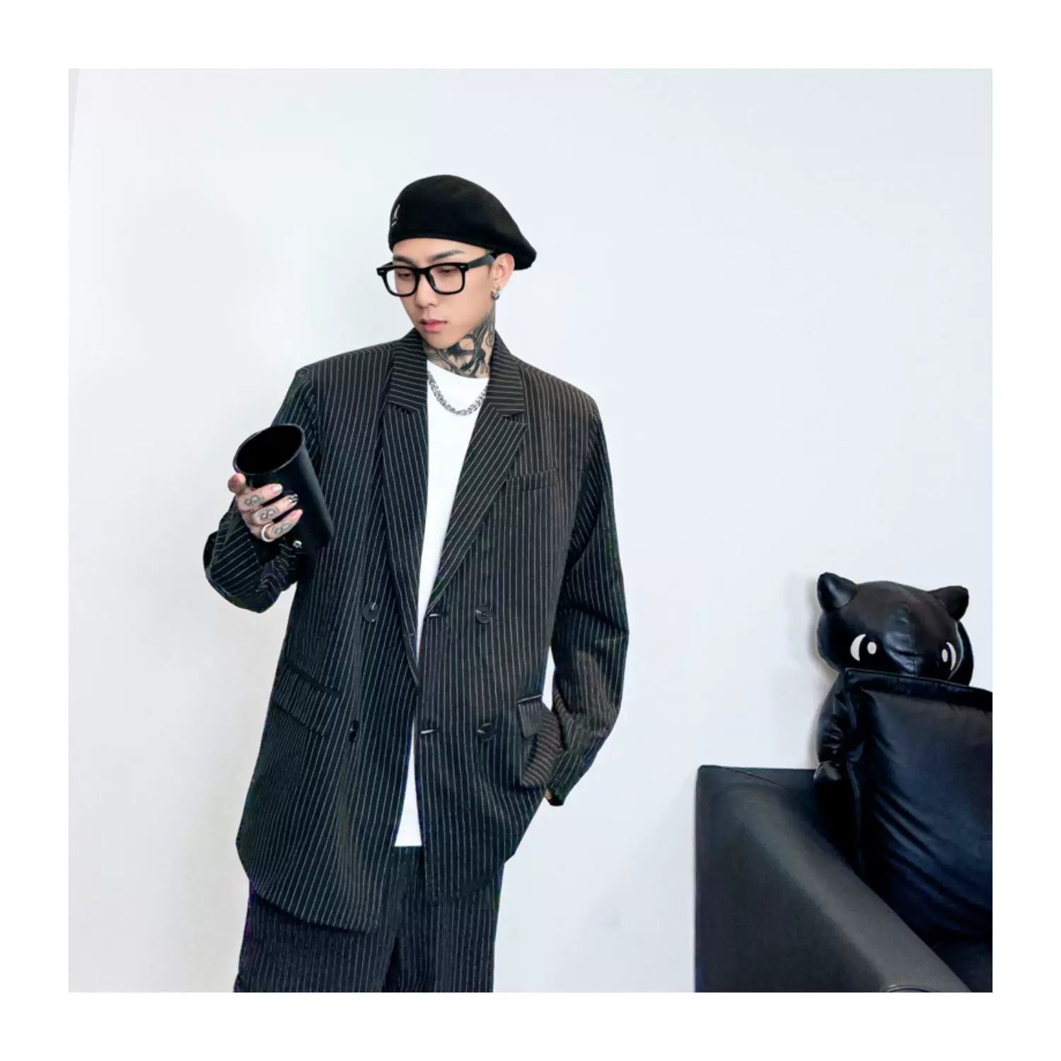 Midnight Muse Oversized Pinstripe Blazer and Pants Setup