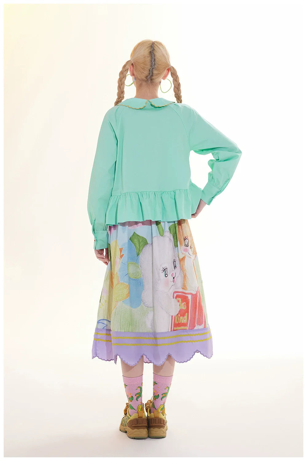 Pastel Garden Print Scalloped Midi Skirt