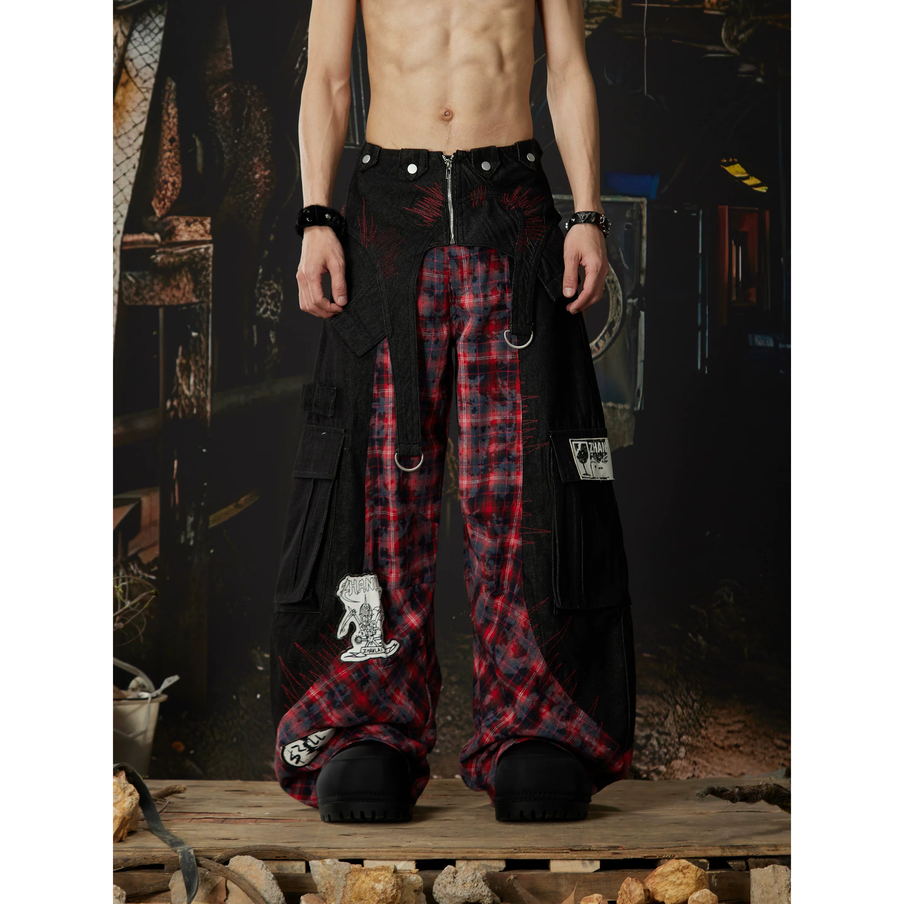 Riot Plaid Layered Trench Cargo Pants