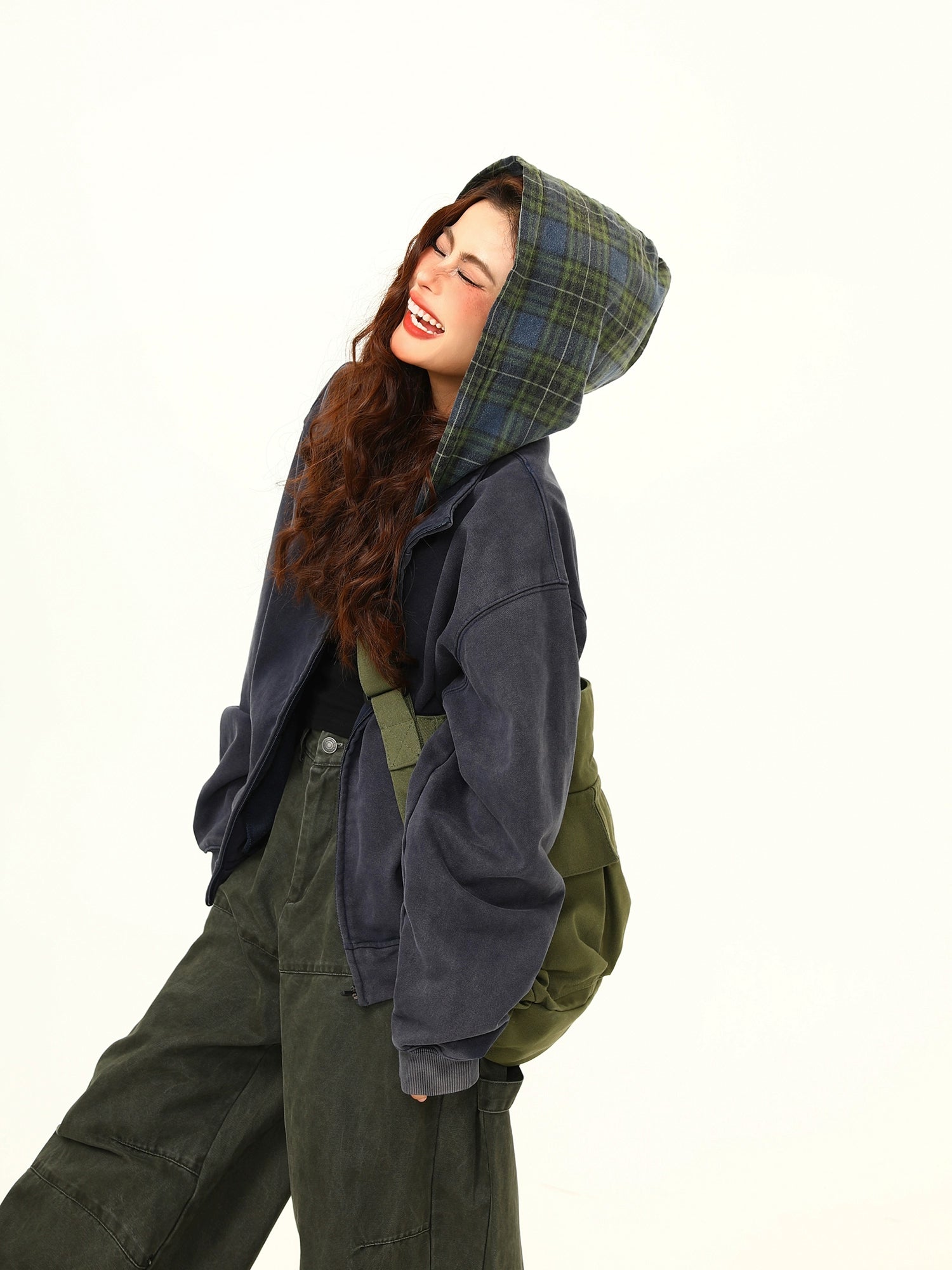 Plaid Hooded Oversized Zip Jacket