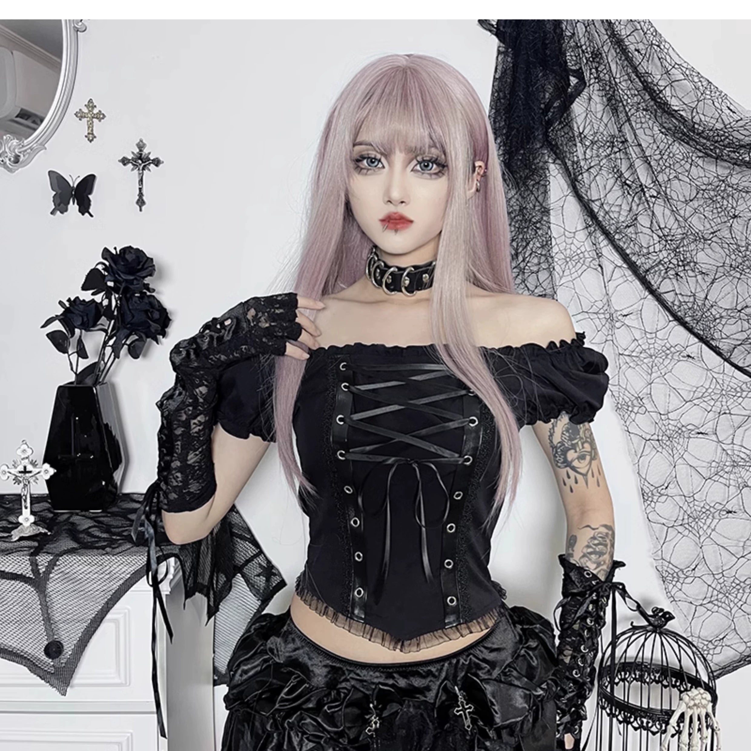 Wannathis Gothic Lolita Off-Shoulder Corset Top - Black Lace-Up Blouse With Puff Sleeves