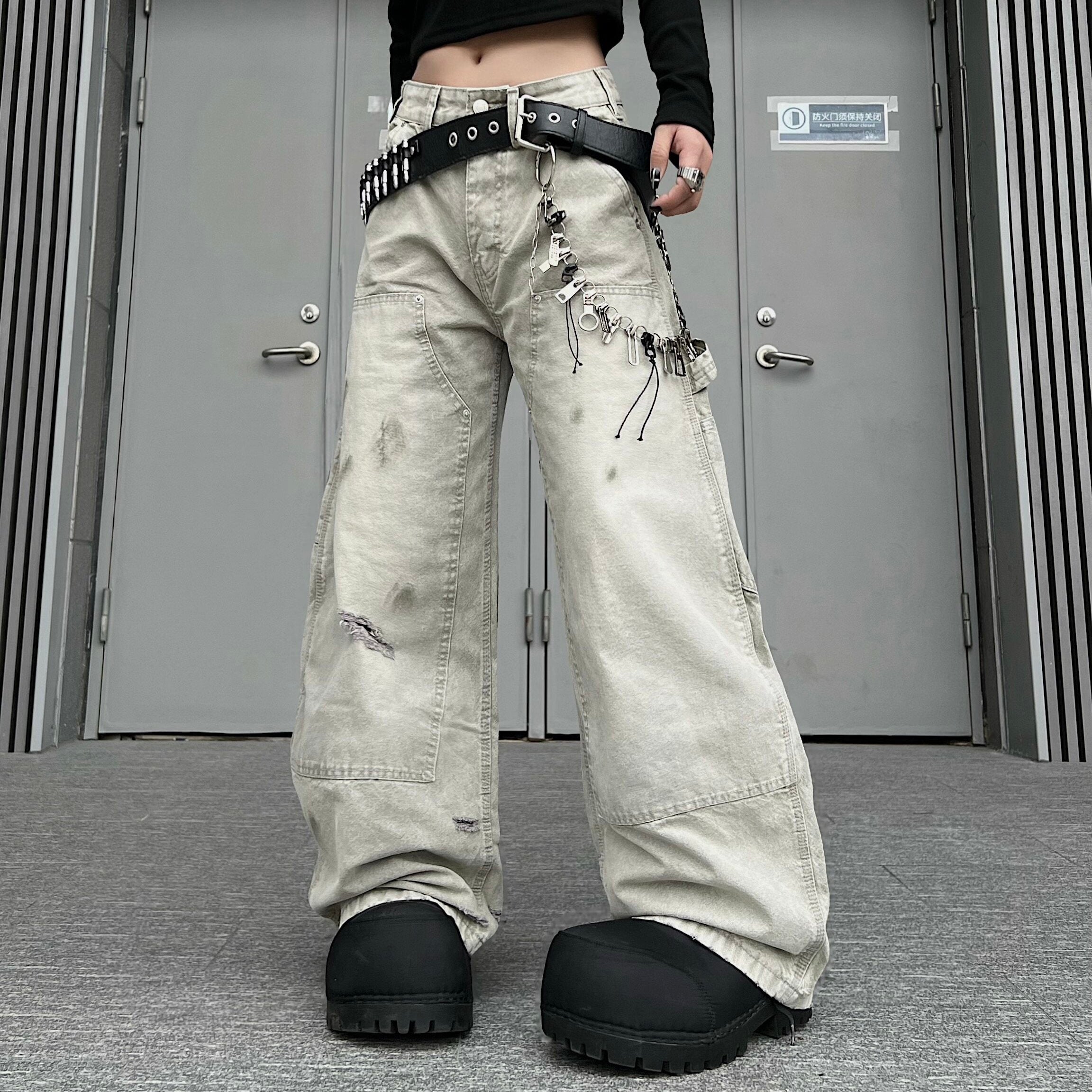Men's Distressed Washed Wide-Leg Cargo Jeans