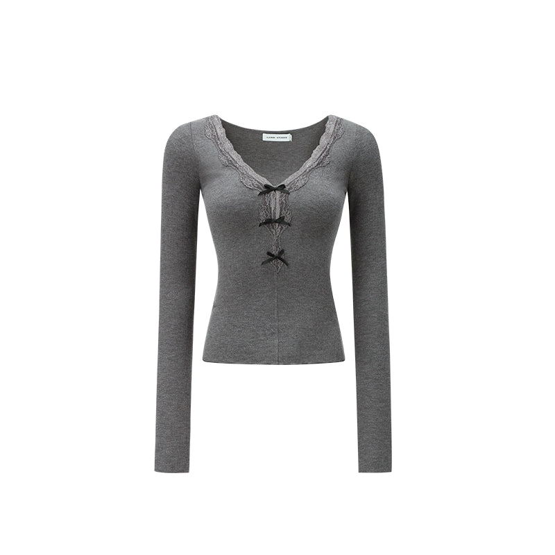 Elegant Lace-Trimmed V-Neck Knit Slimming Top - chiclara