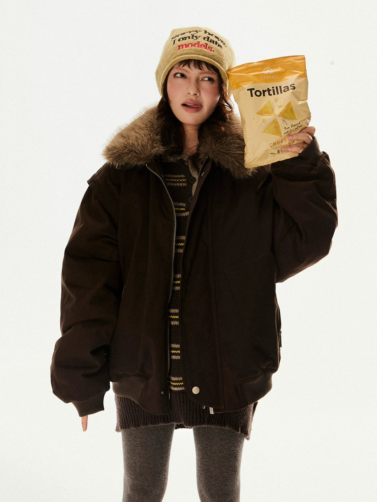 Oversized Faux Fur Collar Dark Brown Jacket