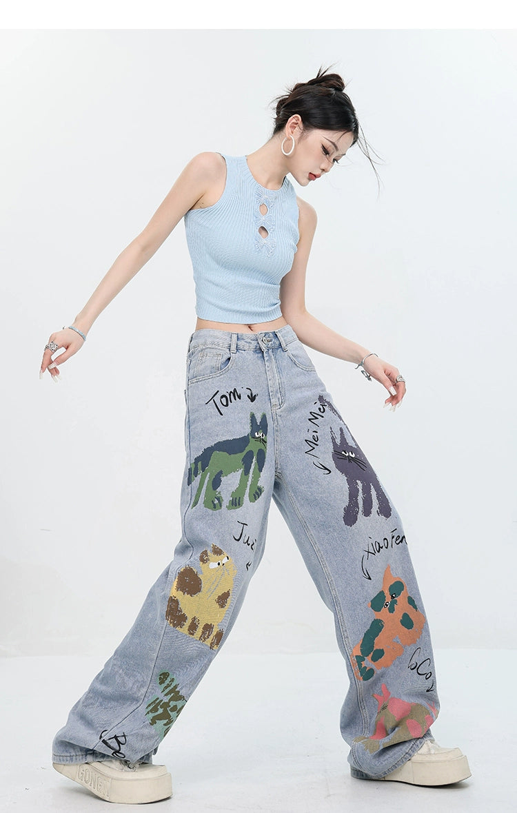 ABWEAR Whimsical Critter Doodle Wide-Leg Jeans