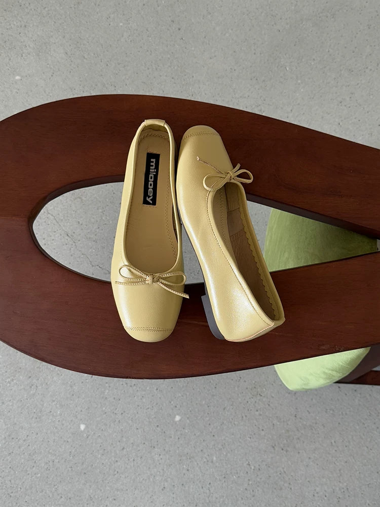 Bow-Trim Velvet Square-Toe Ballet Flats