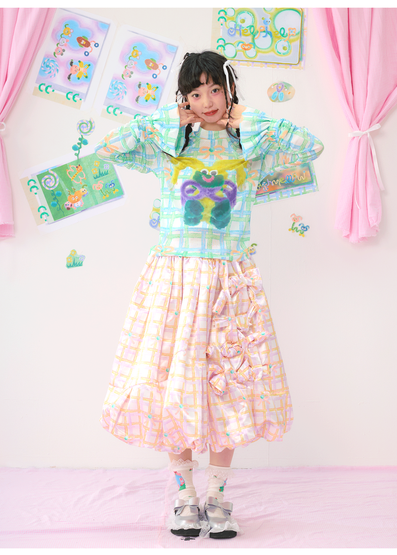 Pastel Plaid Bubble Midi Skirt