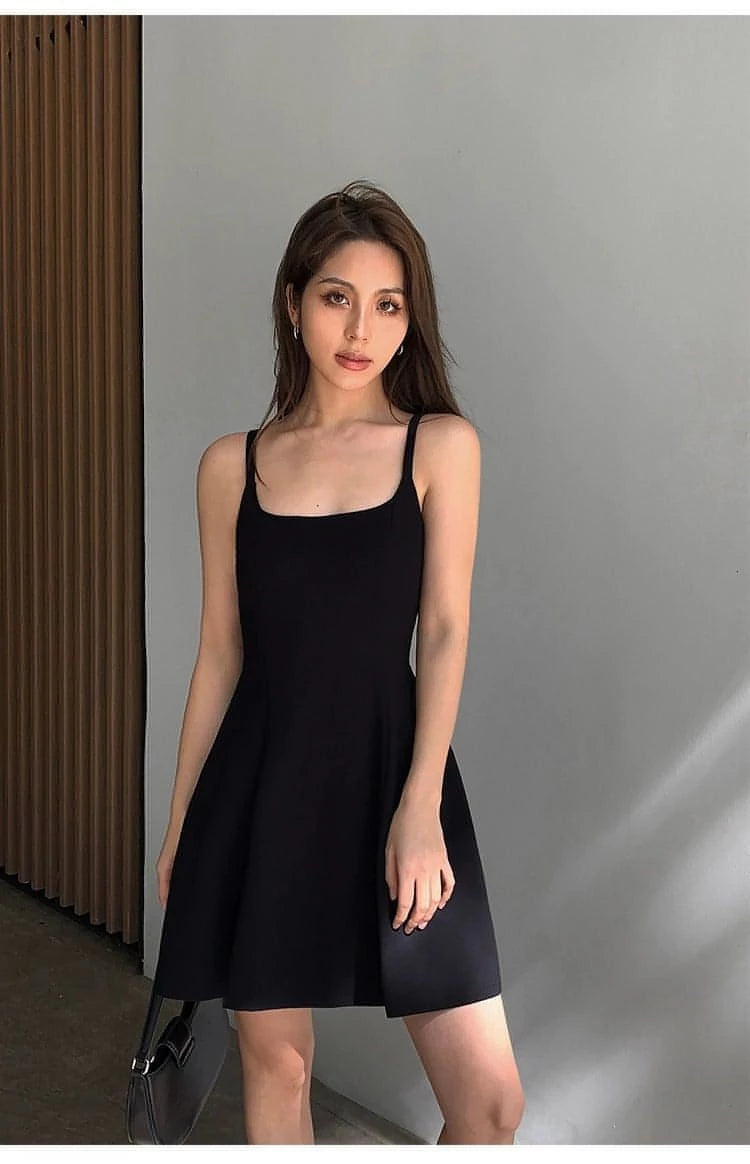 Summer Collection: Black Square-Neck A-Line Dress - chiclara