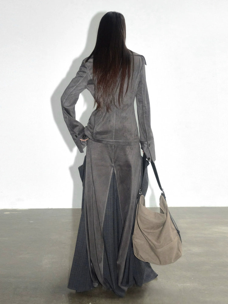 Charcoal Suede Panel Midi Skirt