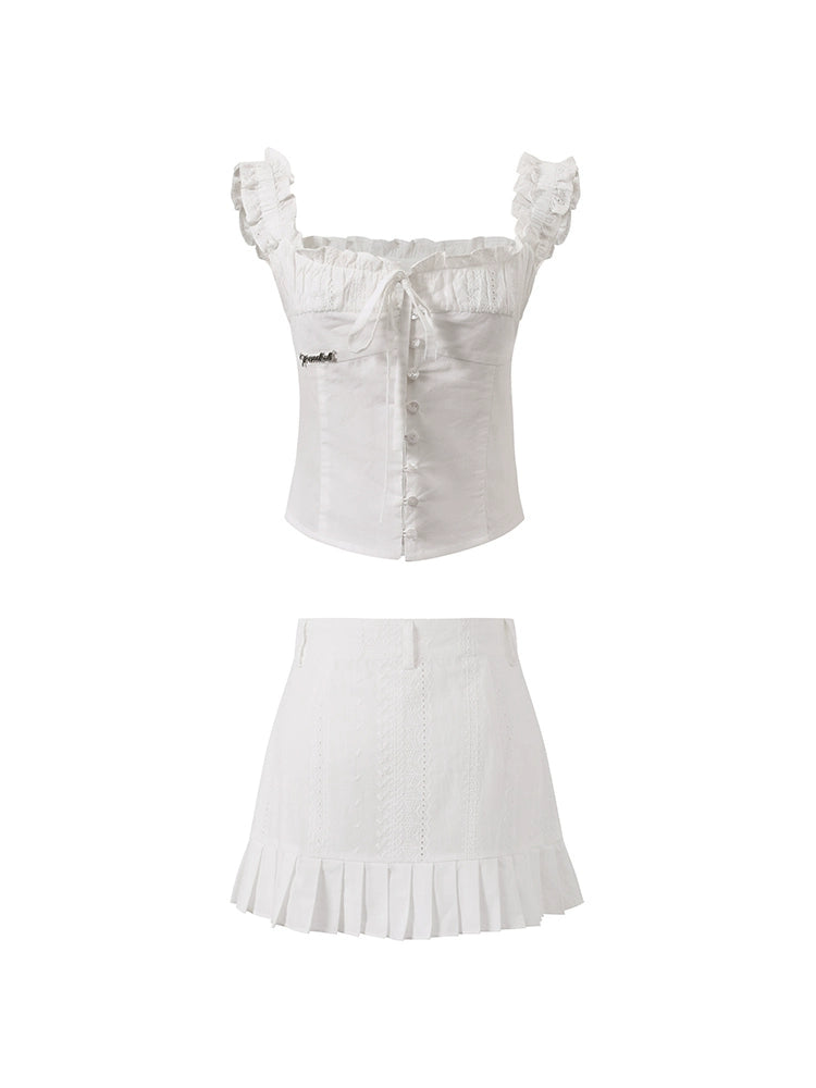 White Adjustable Drawstring Camisole Top And A-Line Skirt Set - chiclara