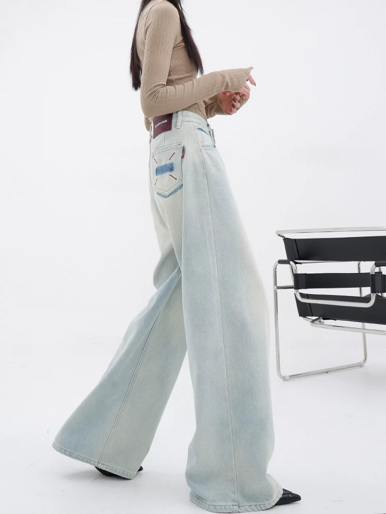 Light Blue Loose Straight Wide-Leg Denim Pants With Embroidery Design - chiclara