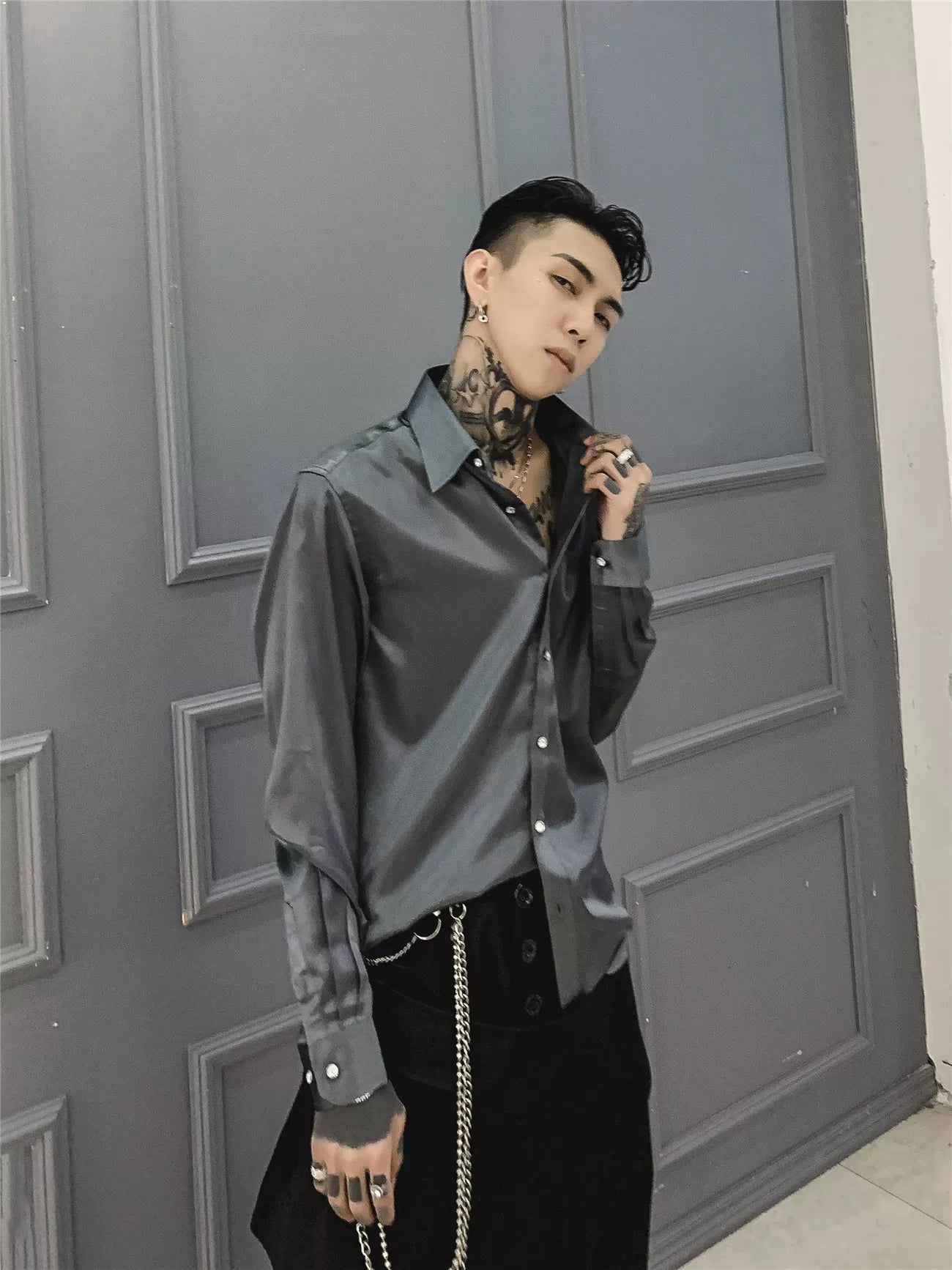 Noir Luxe Liquid Satin Button‑Up Shirt