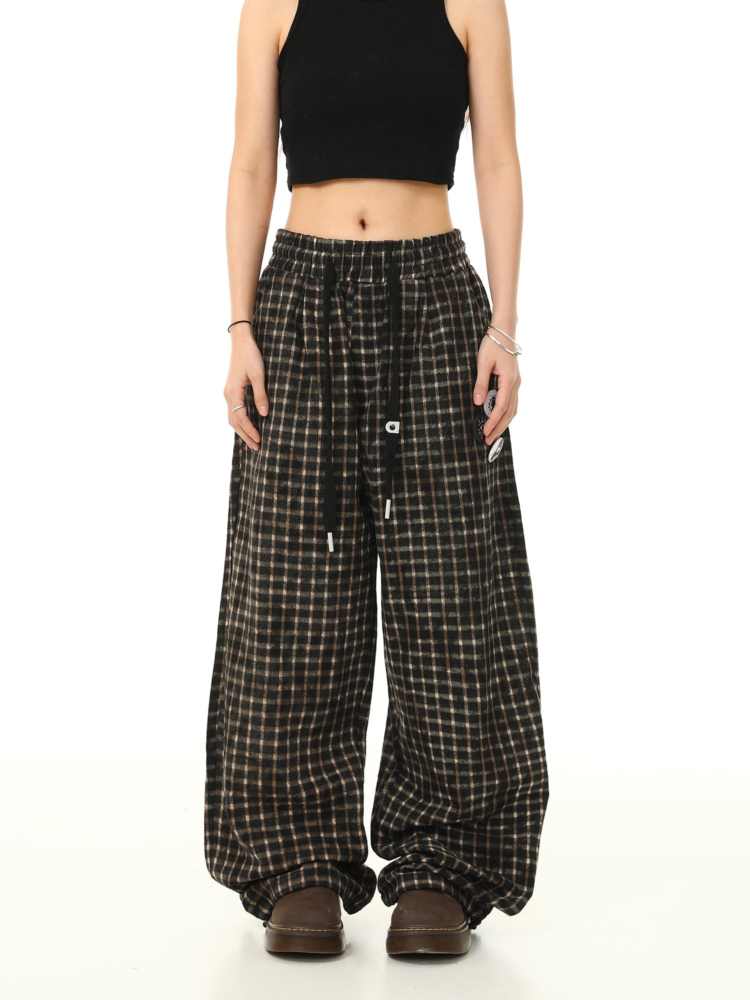 Check Print Wide Leg Track Pants