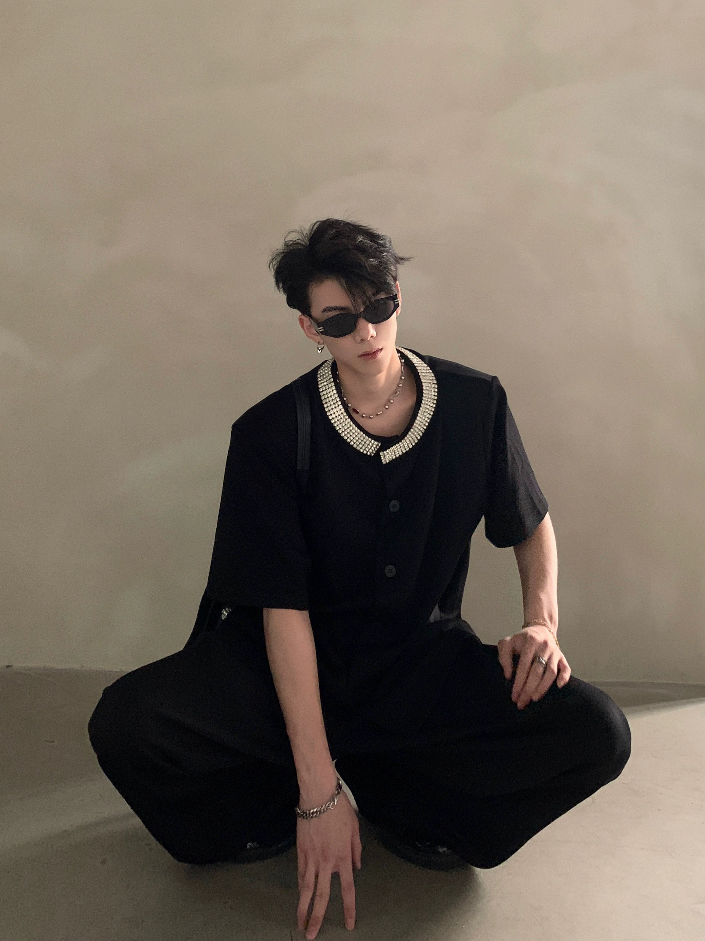 Black Short Sleeve Button-Up Shirt with Embellished Gem Collar
