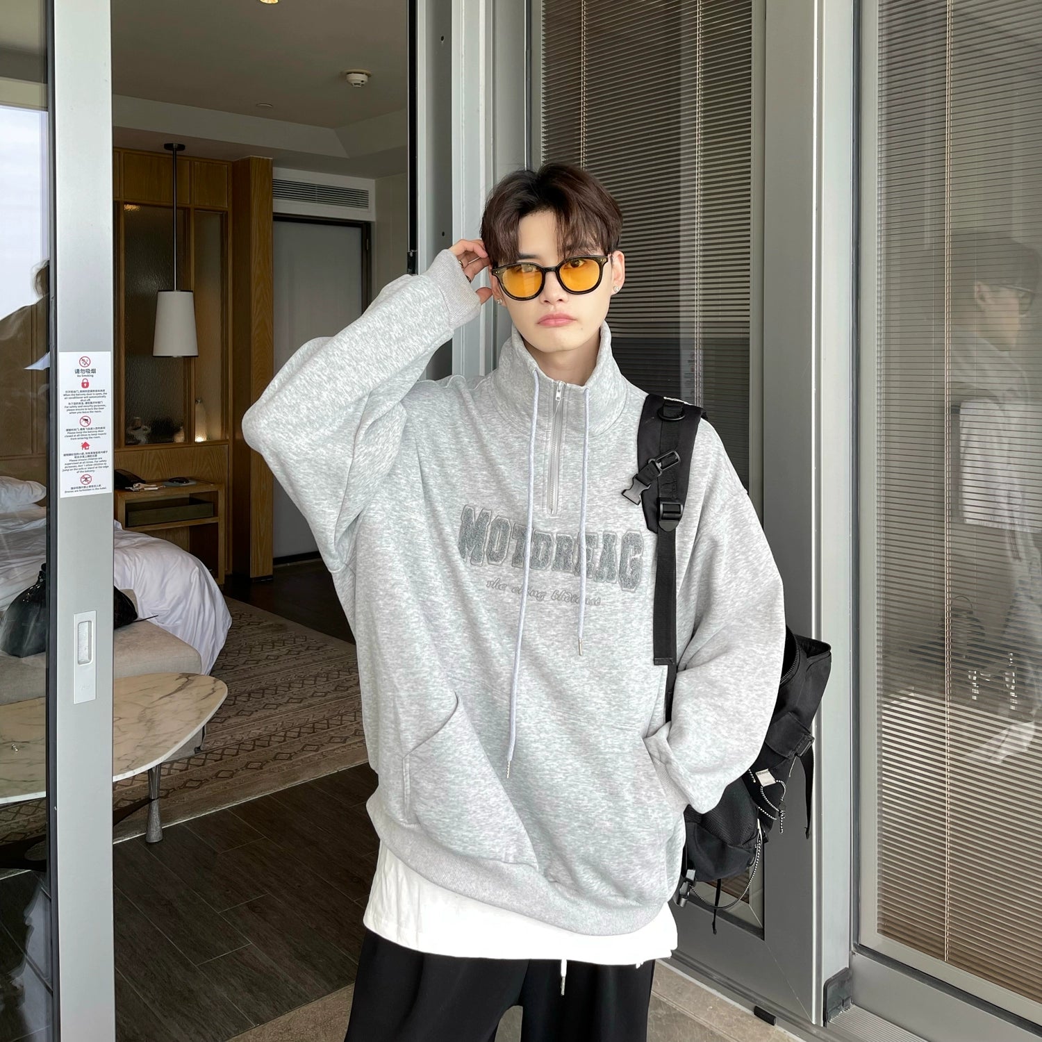Quarter-Zip Mock Neck Sweatshirt with Embroidered Text