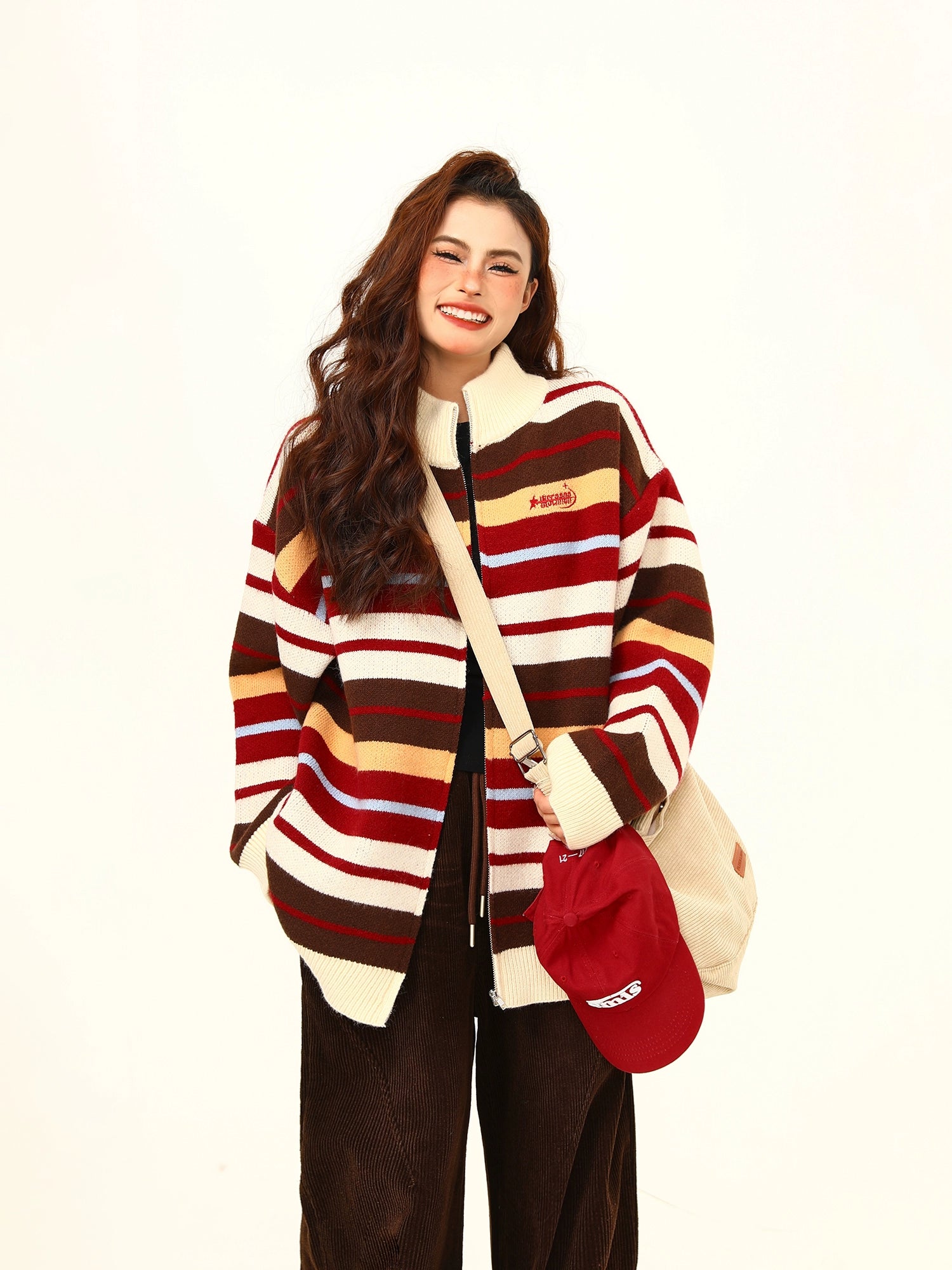 Striped Oversized Knit Zip-Up Sweater