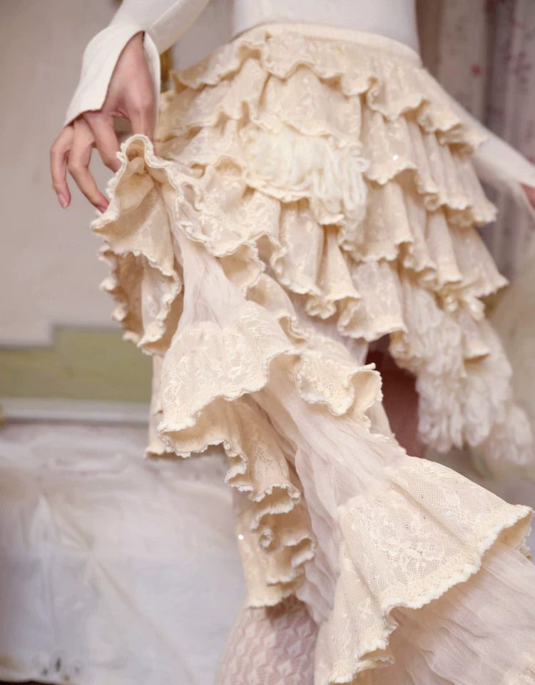 Ivory Lace Tiered Ruffle Skirt