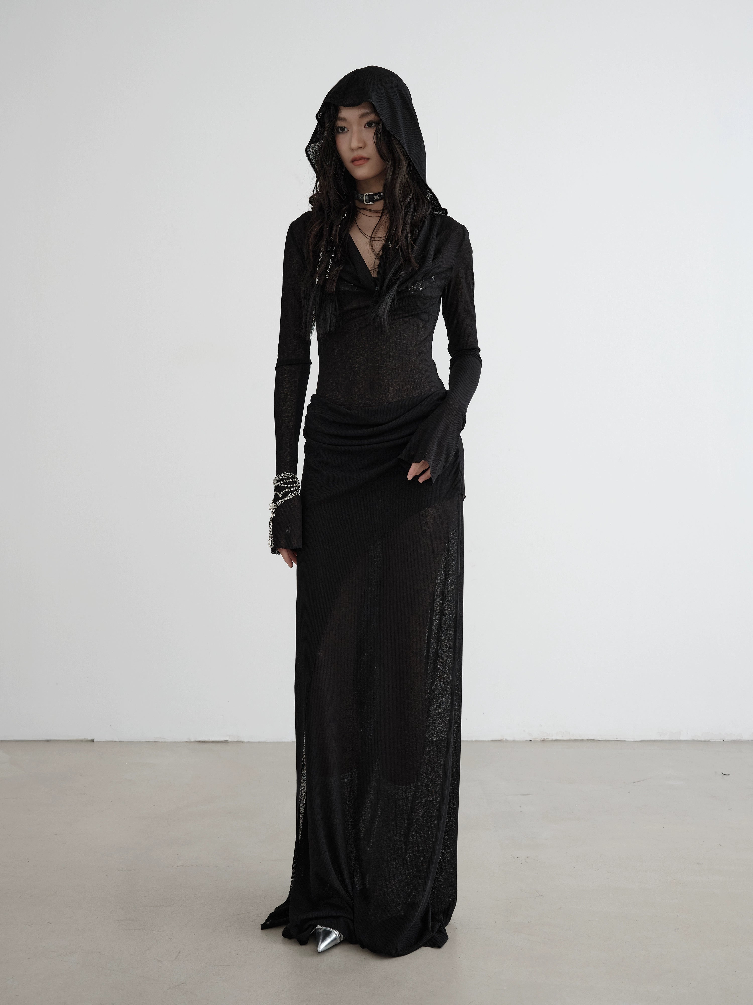 Sheer Black Hooded Maxi Dress
