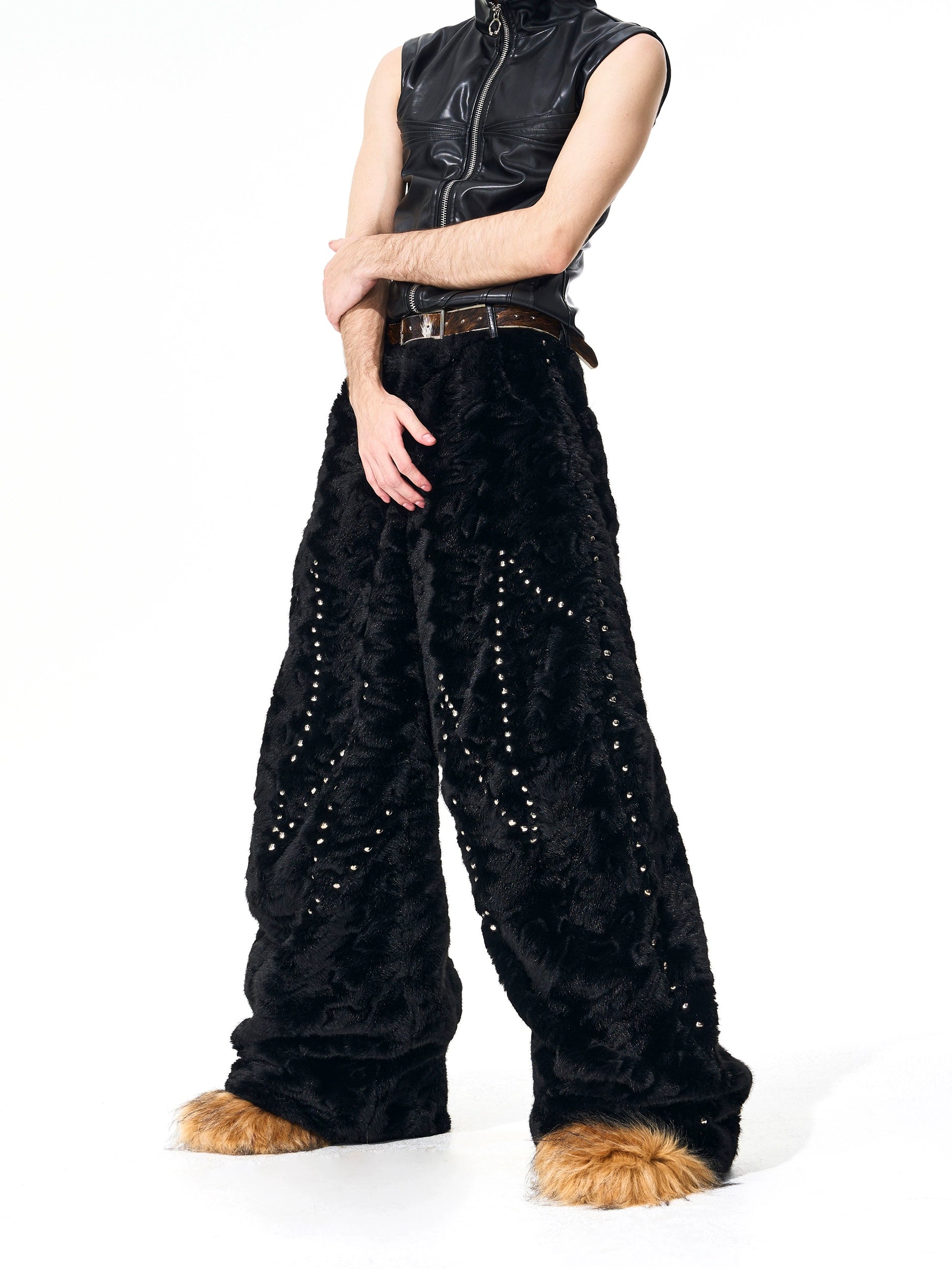 Black Faux Fur Coat and Wide Leg Pants