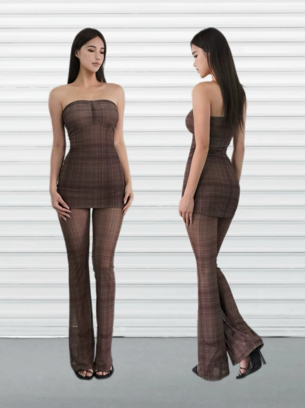 Dark Brown Plaid Bustier Dress Pants