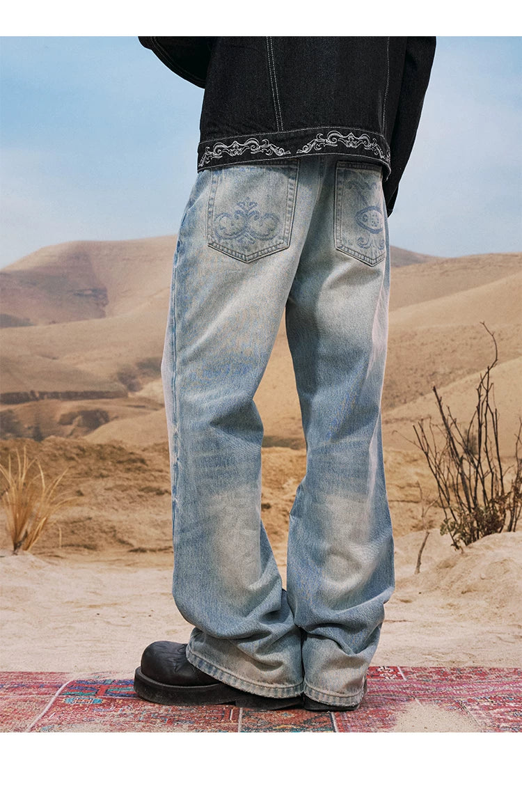 Embroidered Buckle Detail Wide Leg Jeans