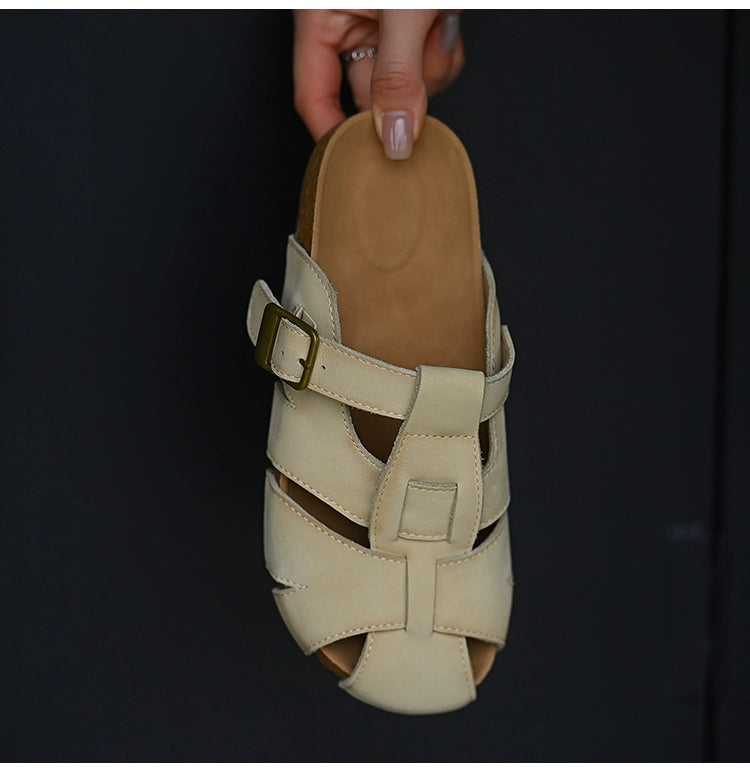 Beige Leather Buckle Strap Sandals