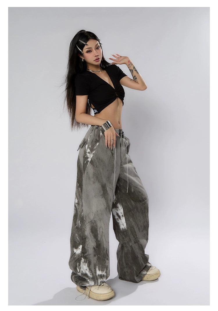 Ink-Dyed Traditional Wide-Leg Cargo Pants - chiclara