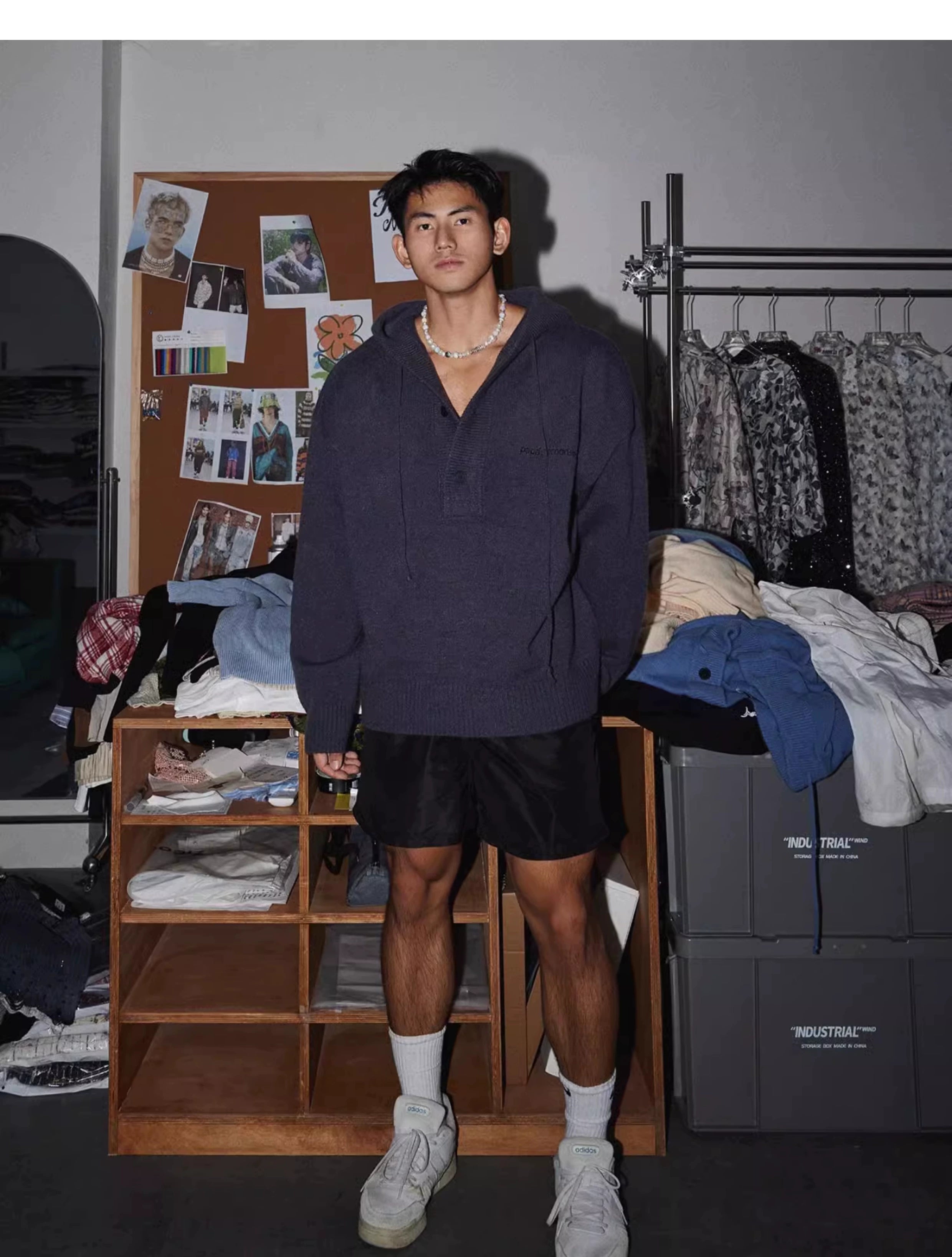 Blue Knit Hooded Henley Sweater