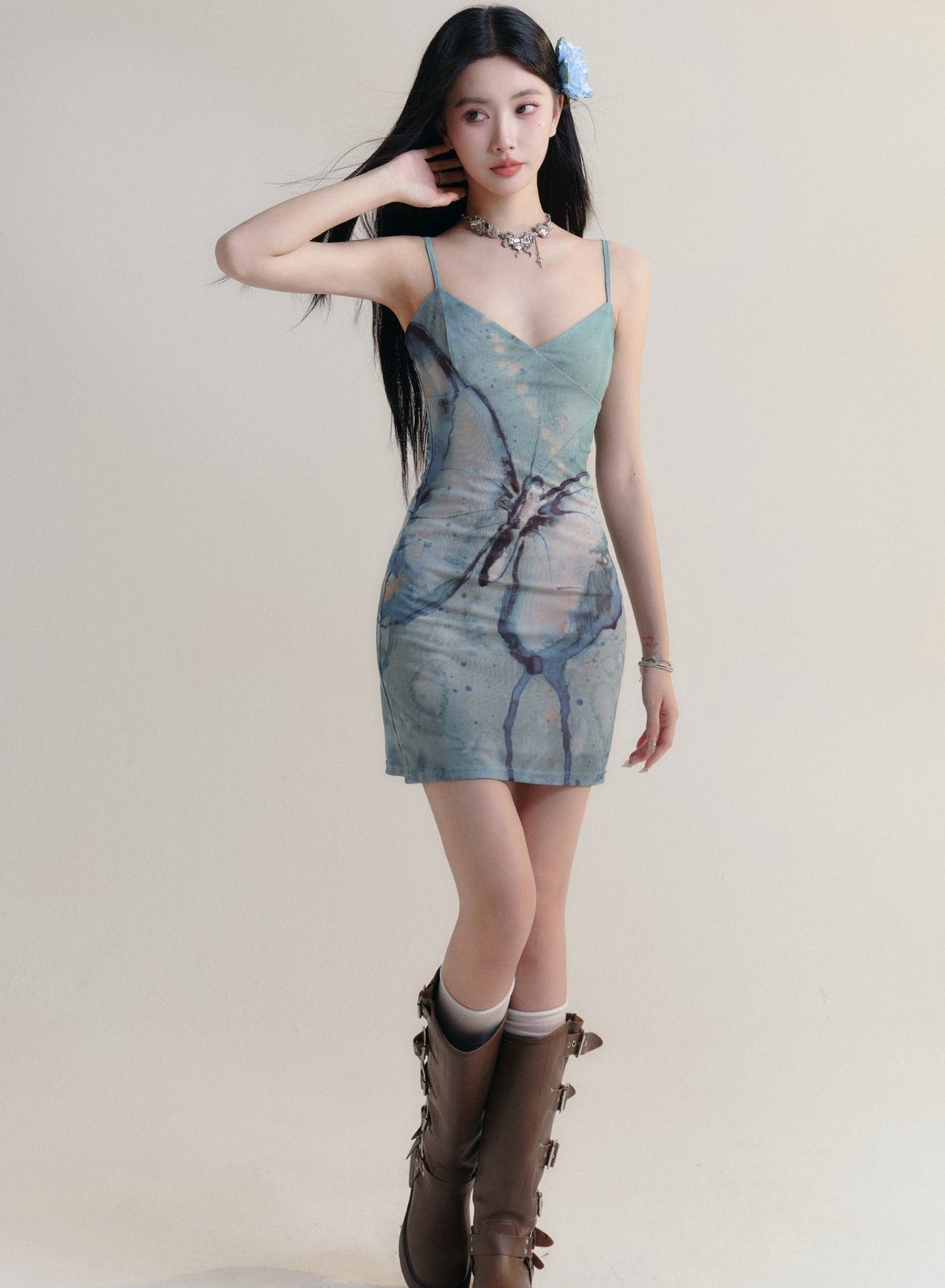 Marble Print Spaghetti Strap Mini Dress