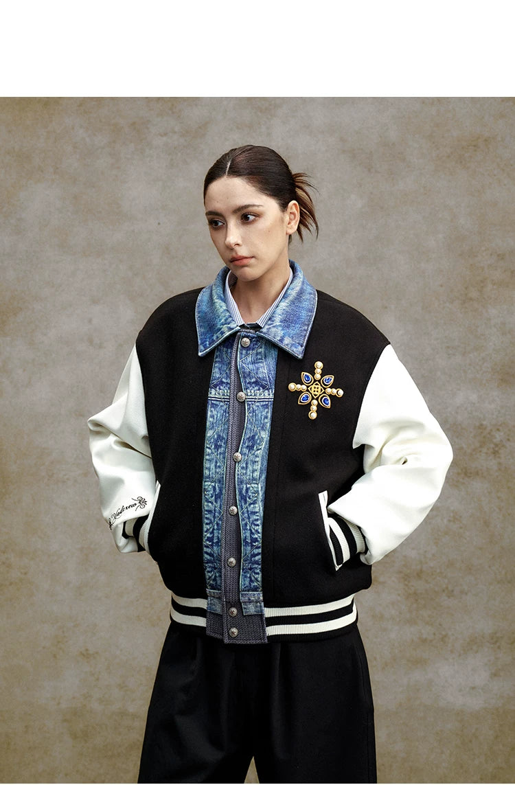 Denim Panel Embroidered Varsity Bomber Jacket