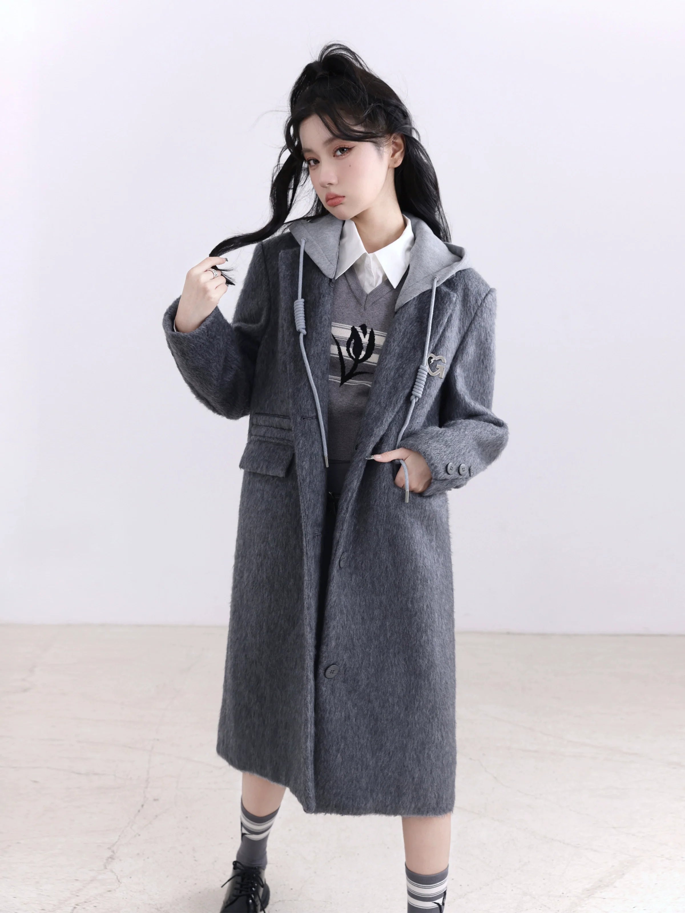 Charcoal Gray Hooded Denim Long Coat