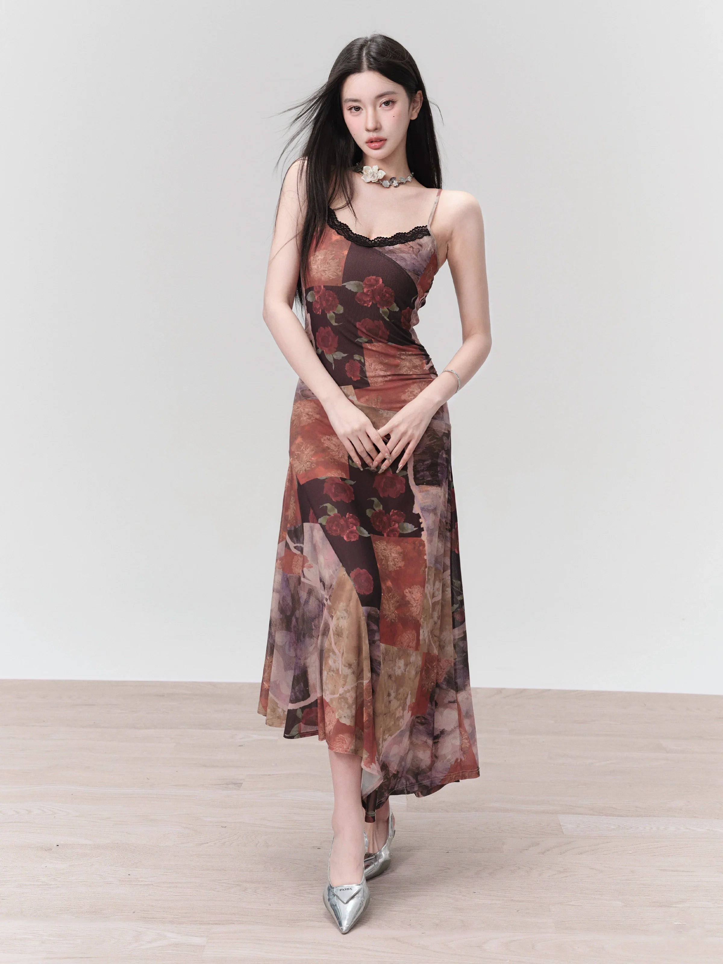 Romantic Patchwork Midi Dress: Lace-Trimmed Asymmetric Hem in Autumn Floral Print