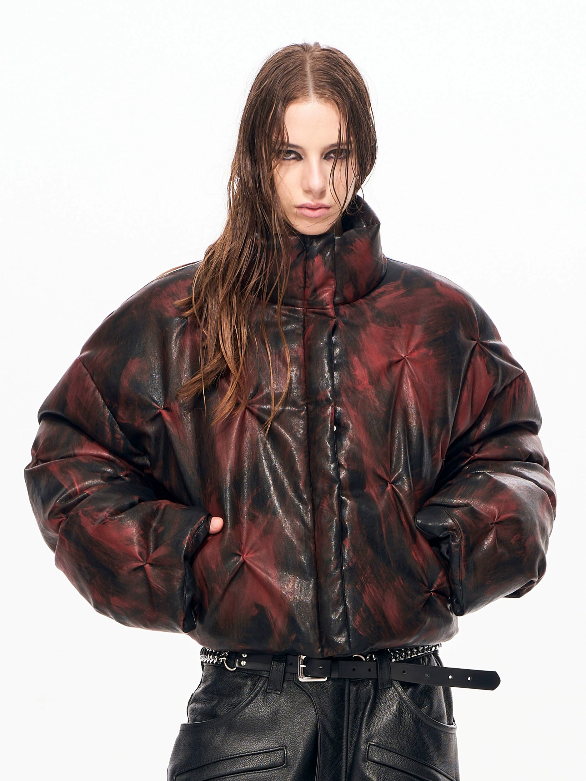 Crimson Storm Oversized Leather Puffer Jacket