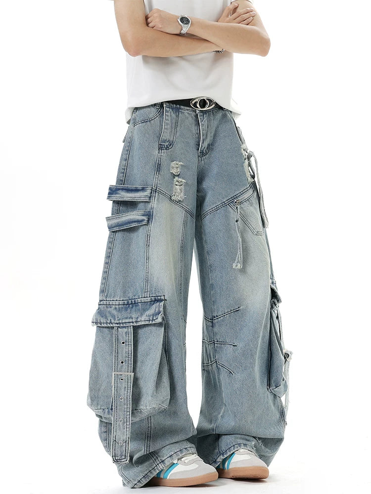 Harness-Ruined Cargo Denim Pants