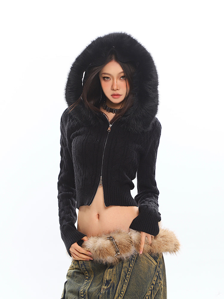 Fur Hooded Cropped Cardigan