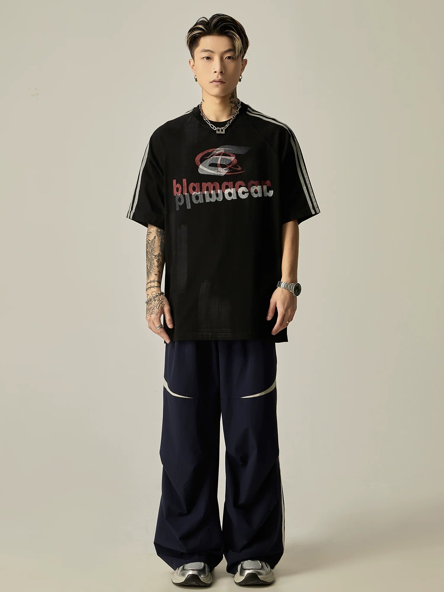 Blamacal Triple Stripe Oversized Logo Tee