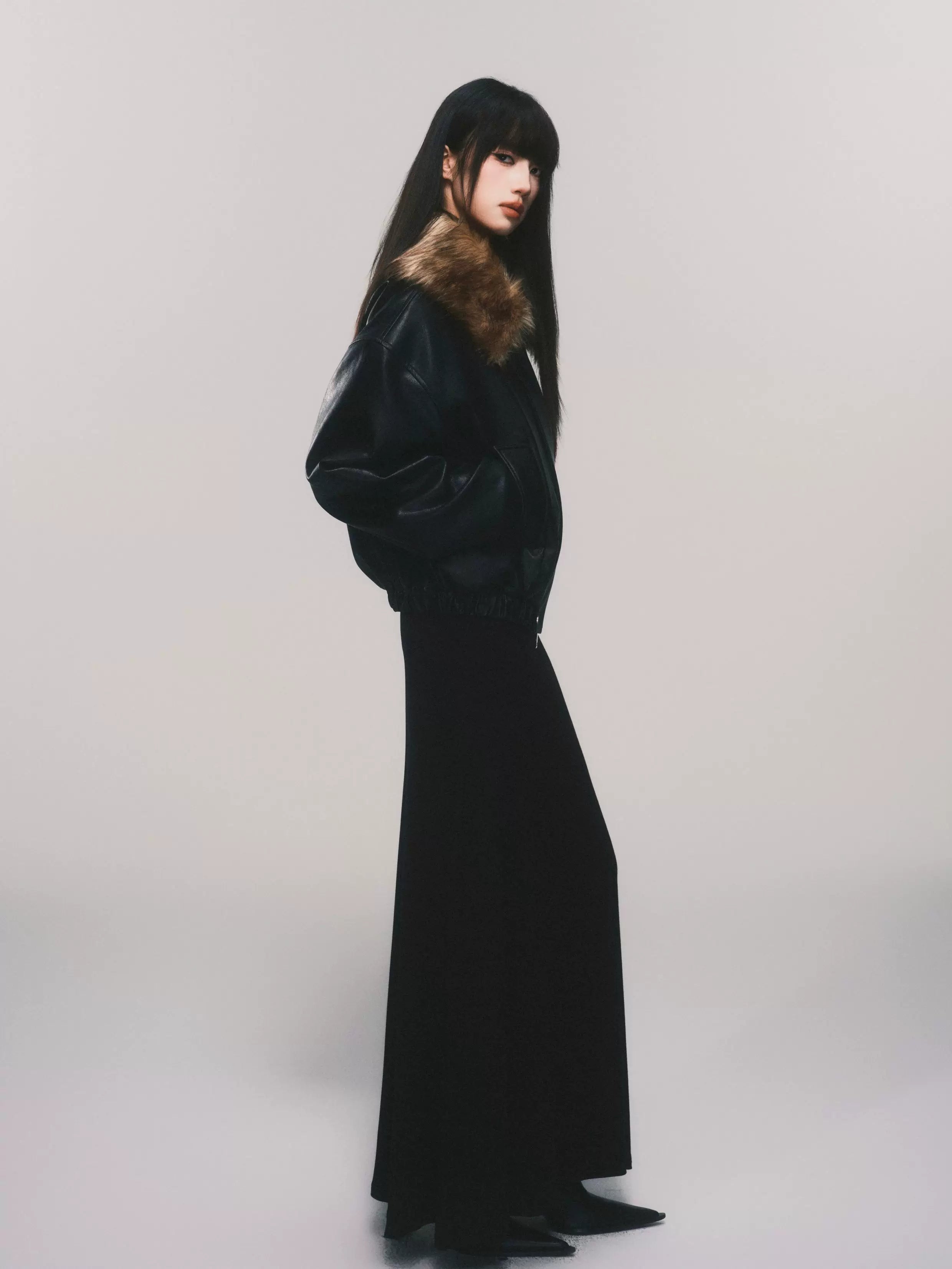 Midnight Aviator Faux‑Fur Bomber Jacket