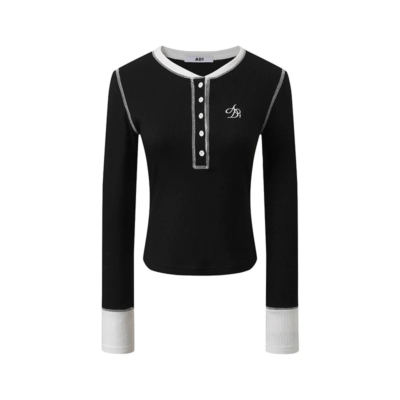 Contrast Trim Long Sleeve Henley: Black Fitted Top with White Accents and Embroidered Logo