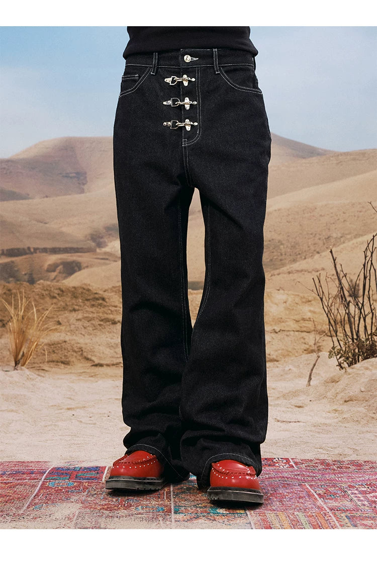 Buckle Embellished Wide Leg Jeans