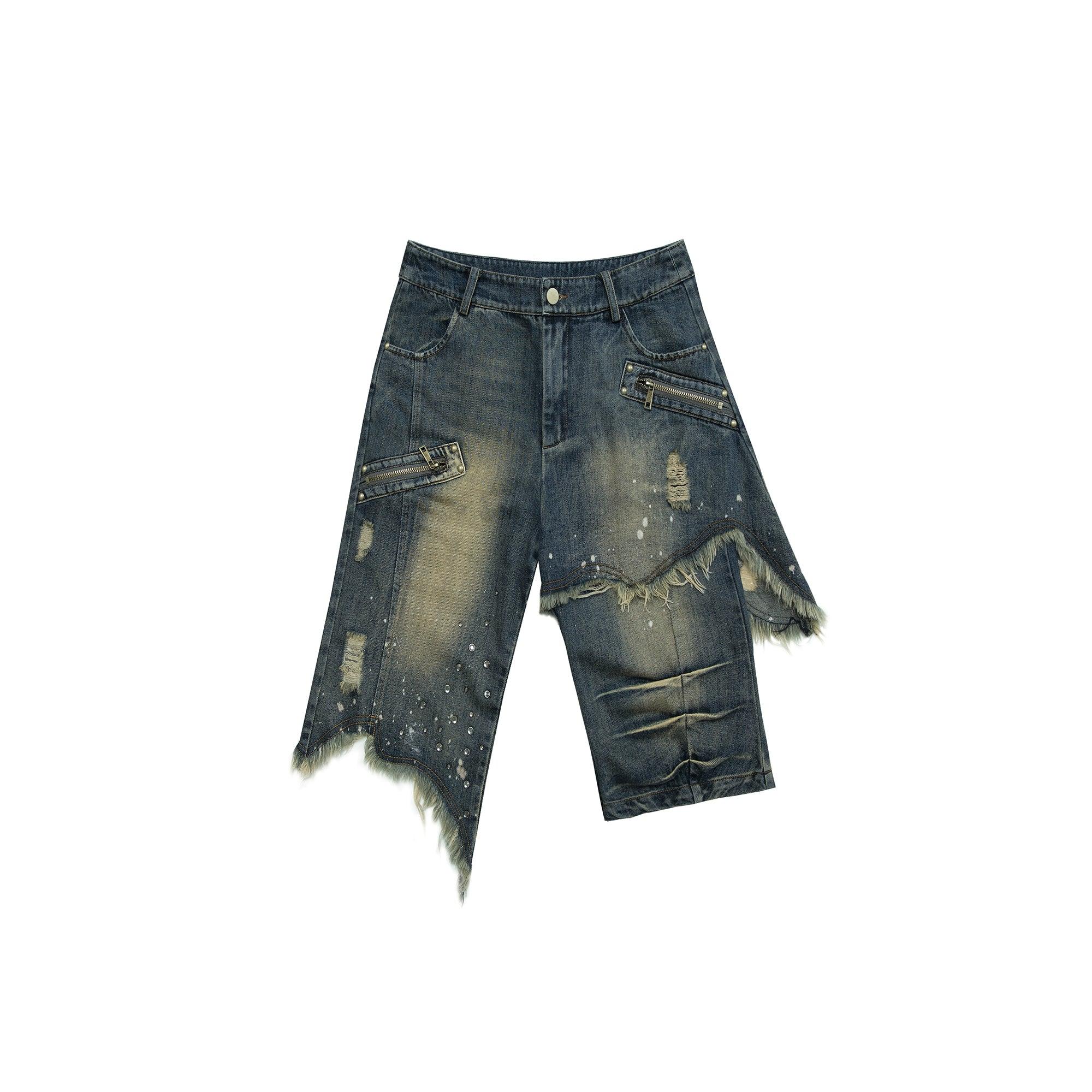 No Romance Asymmetrical Distressed Denim Shorts - Unisex Grunge Ripped Jean Capris With Paint Splatter