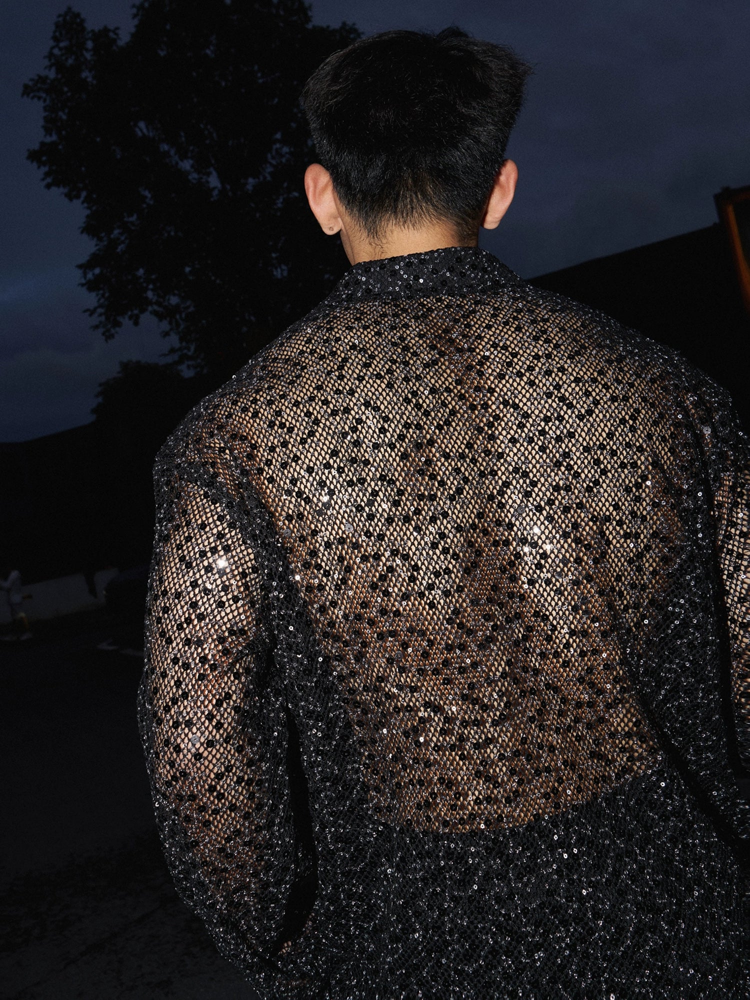 Silver Sequin Cutout Long Sleeve Shirt